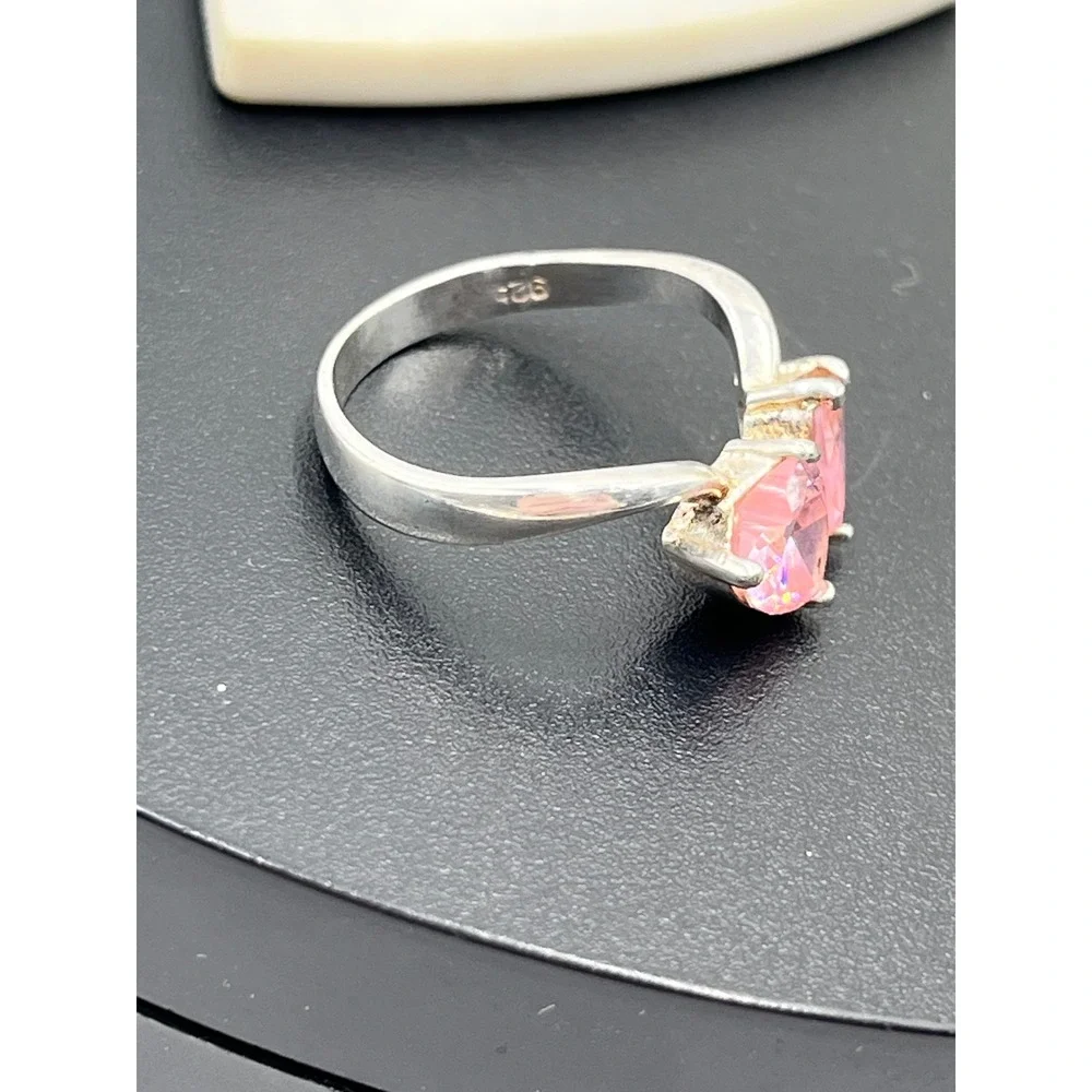 Sterling‎ Silver 925 Double Heart Pink Ice Gemstone Faux Bypass Ring Sz 8.25